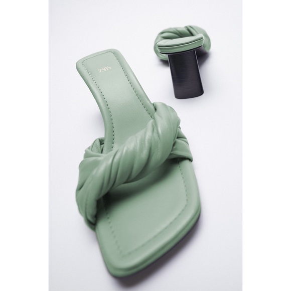 Zara New Knotted Heeled Leather Sandals 7.5 / 38 Seafoam Green NWT - Picture 5 of 16